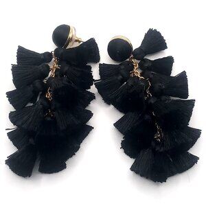 BaubleBar Black Tassel Fan Drop Gold Tone Stud Dangle Statement Boho Earrings